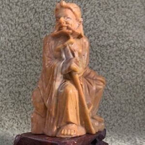 Vintage Chinese Hand Carved Soapstone Figure Man Holding Trident 4” Tall - RARE